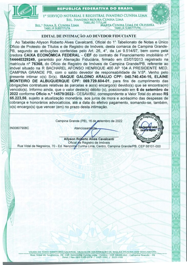 EDITAL DE INTIMAÇÃO AO DEVEDOR FIDUCIANTE