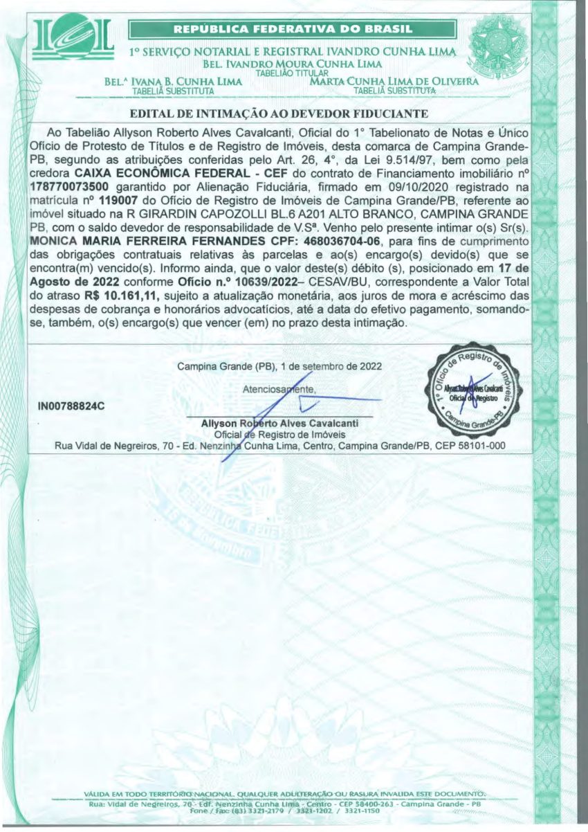 EDITAL DE INTIMAÇÃO AO DEVEDOR FIDUCIANTE