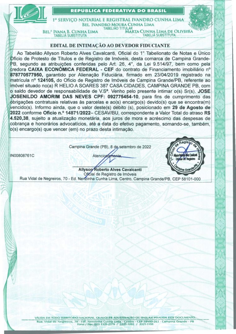 EDITAL DE INTIMAÇÃO AO DEVEDOR FIDUCIANTE