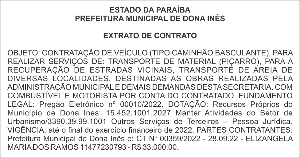 PREFEITURA MUNICIPAL DE DONA INÊS – EXTRATO DE CONTRATO