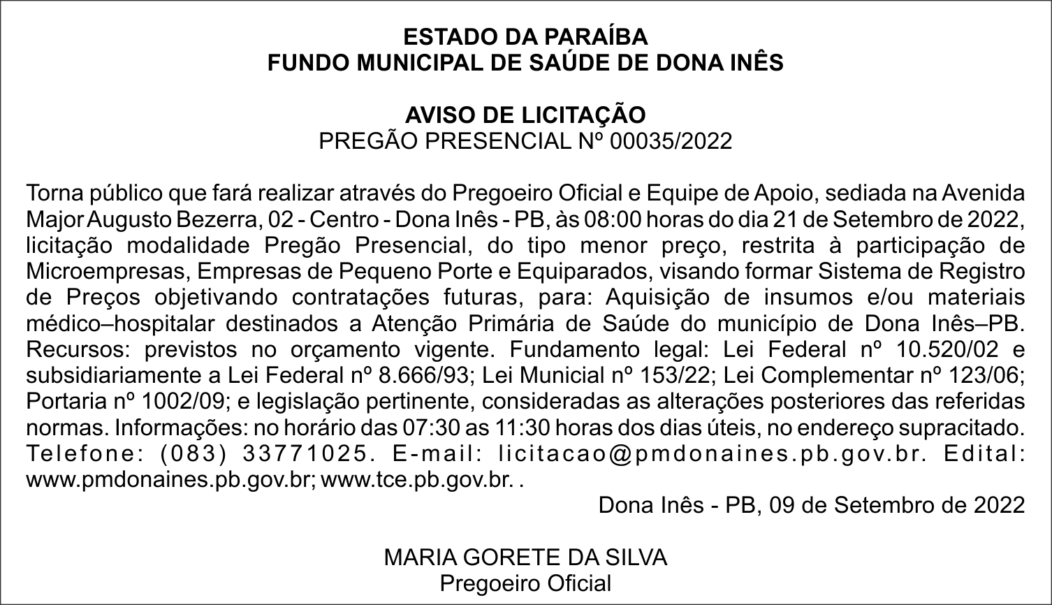 FUNDO MUNICIPAL DE SAÚDE DE DONA INÊS – AVISO DE LICITAÇÃO – PREGÃO PRESENCIAL Nº 00035/2022