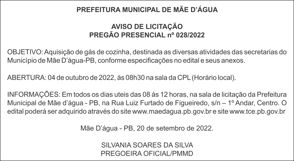 PREFEITURA MUNICIPAL DE MÃE D’ÁGUA – AVISO DE LICITAÇÃO – PREGÃO PRESENCIAL nº 028/2022