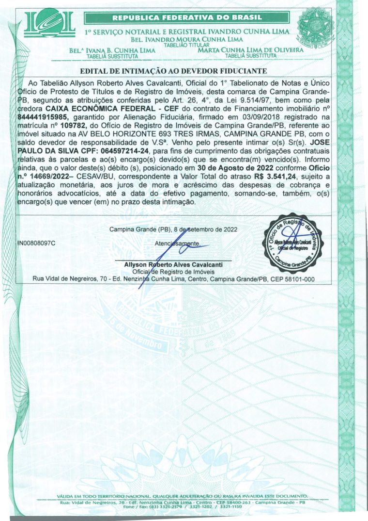EDITAL DE INTIMAÇÃO AO DEVEDOR FIDUCIANTE