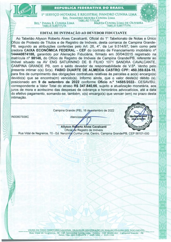 EDITAL DE INTIMAÇÃO AO DEVEDOR FIDUCIANTE