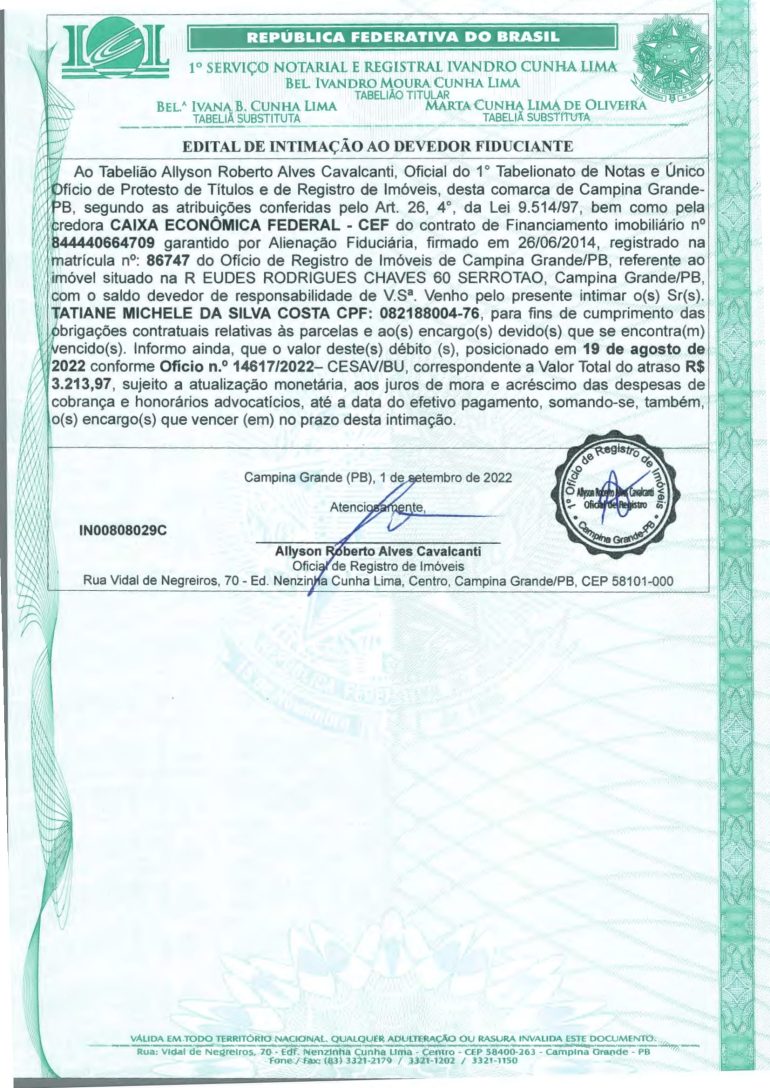 EDITAL DE INTIMAÇÃO AO DEVEDOR FIDUCIANTE