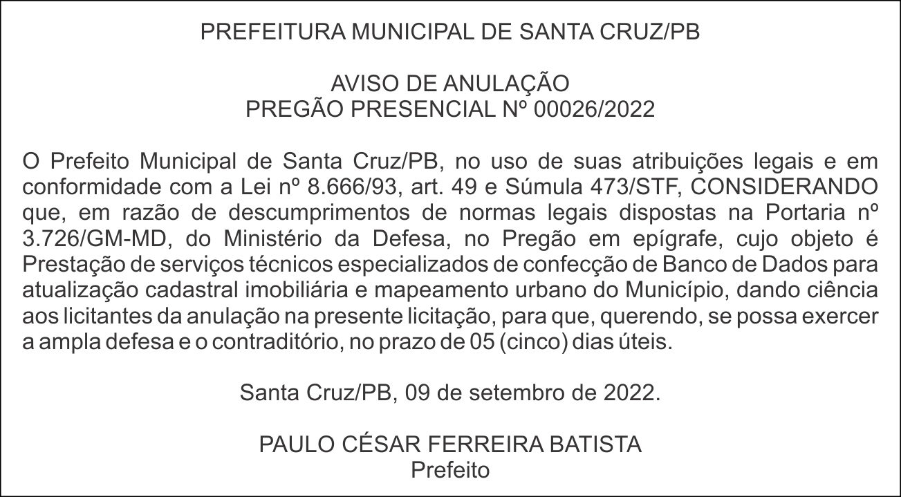 PREFEITURA MUNICIPAL DE SANTA CRUZ/PB – AVISO DE ANULAÇÃO – PREGÃO PRESENCIAL N° 00026/2022