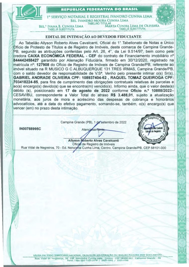 EDITAL DE INTIMAÇÃO AO DEVEDOR FIDUCIANTE