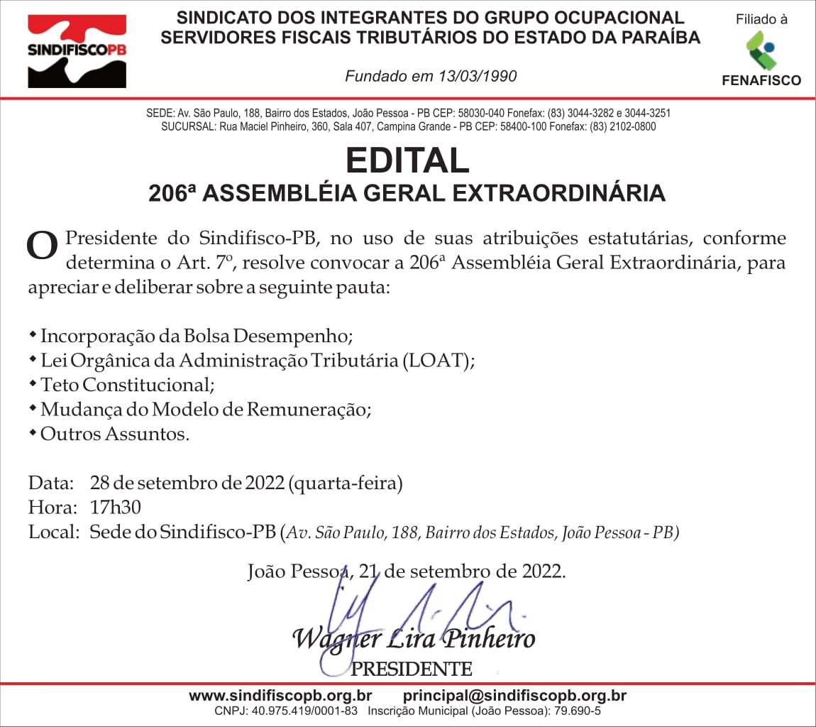 SINDIFISCO/PB – EDITAL – 206ª ASSEMBLÉIA GERAL EXTRAORDINÁRIA