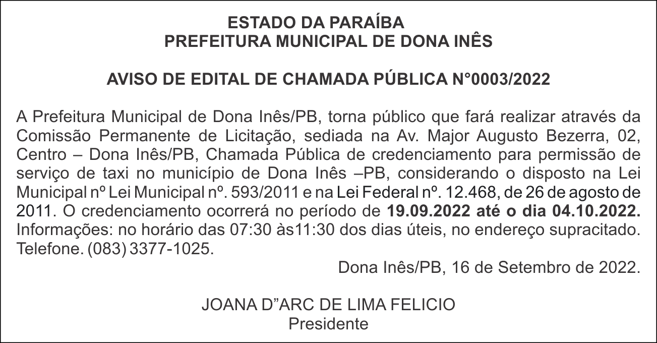 PREFEITURA MUNICIPAL DE DONA INÊS – AVISO DE EDITAL DE CHAMADA PÚBLICA N°0003/2022