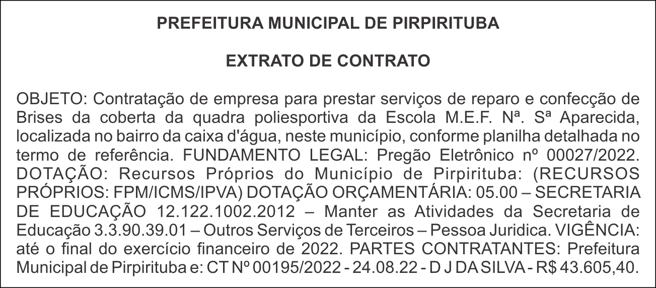 PREFEITURA MUNICIPAL DE PIRPIRITUBA – EXTRATO DE CONTRATO