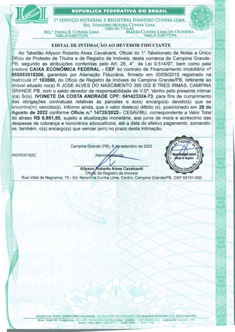 EDITAL DE INTIMAÇÃO AO DEVEDOR FIDUCIANTE