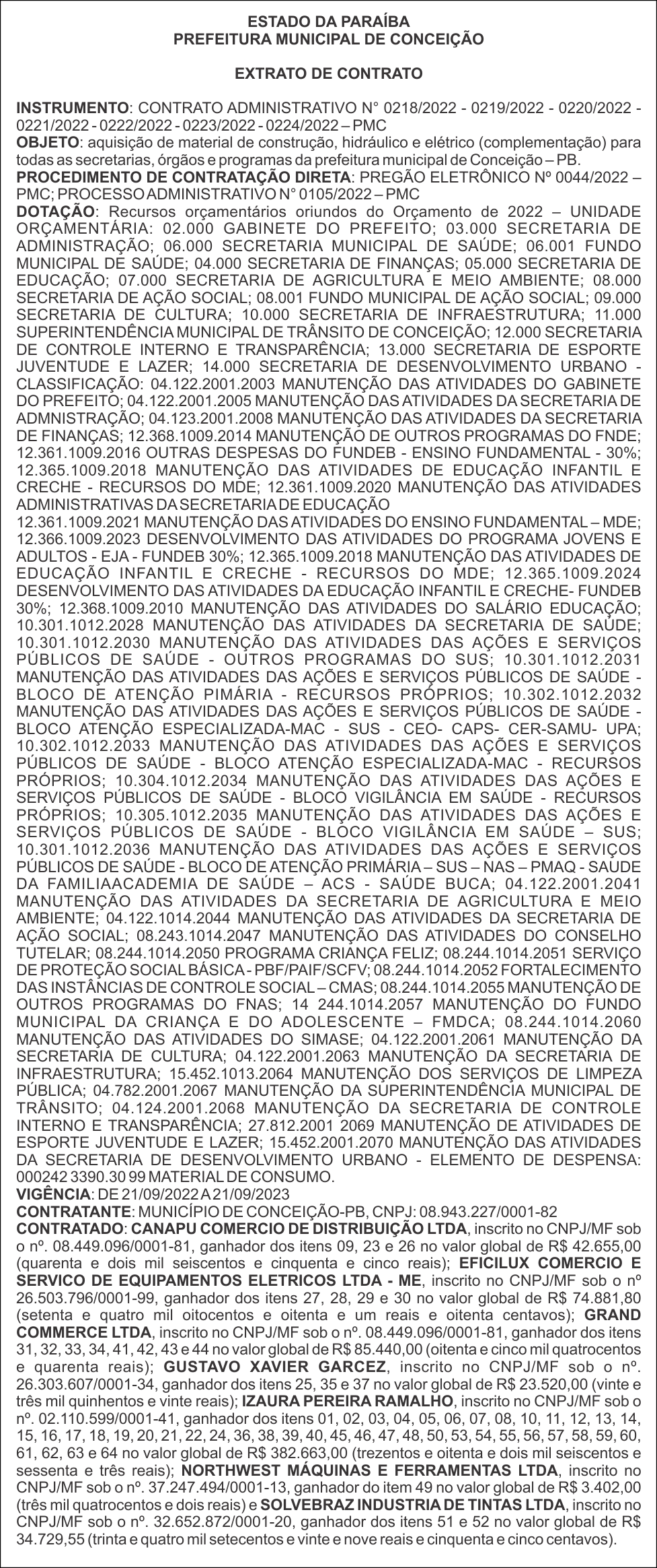 PREFEITURA MUNICIPAL DE CONCEIÇÃO – EXTRATO DE CONTRATO