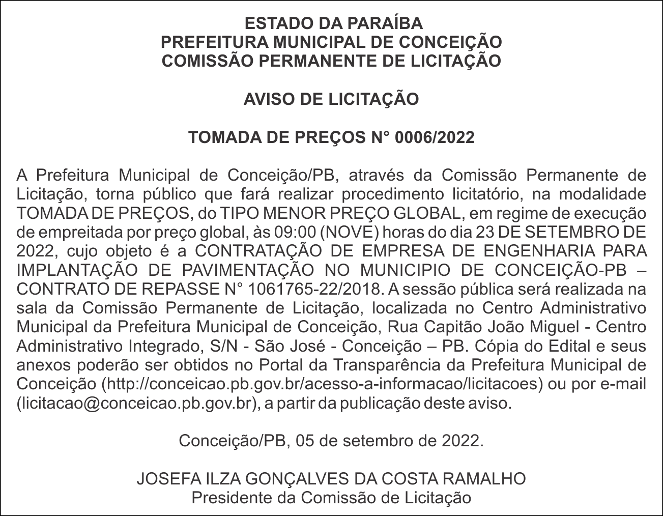 PREFEITURA MUNICIPAL DE CONCEIÇÃO – AVISO DE LICITAÇÃO – TOMADA DE PREÇOS N° 0006/2022