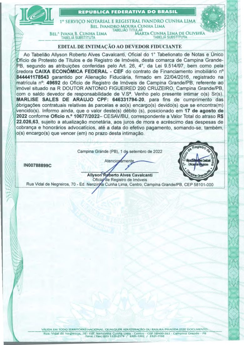 EDITAL DE INTIMAÇÃO AO DEVEDOR FIDUCIANTE