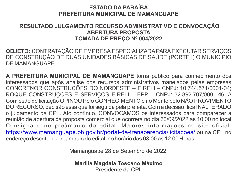 PREFEITURA MUNICIPAL DE MAMANGUAPE – RESULTADO JULGAMENTO – RECURSO ADMINISTRATIVO – FASE DE PROPOSTAS – TOMADA DE PREÇO Nº 004/2022