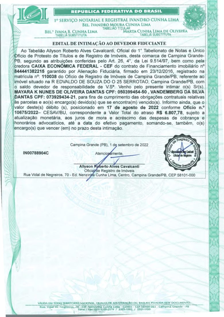 EDITAL DE INTIMAÇÃO AO DEVEDOR FIDUCIANTE
