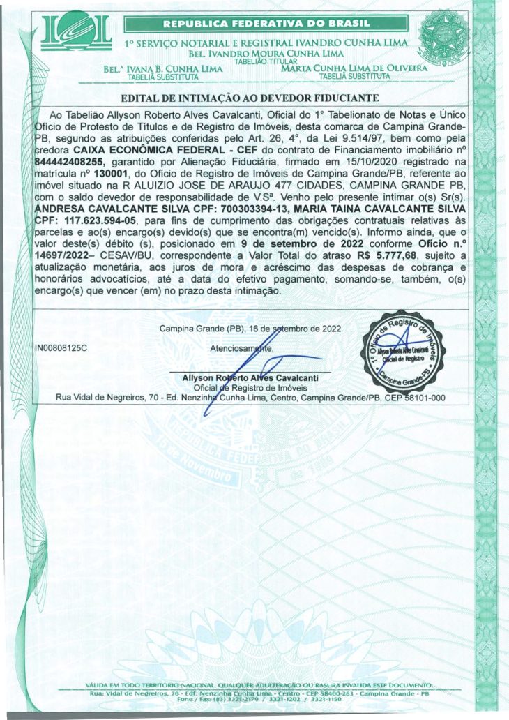 EDITAL DE INTIMAÇÃO AO DEVEDOR FIDUCIANTE