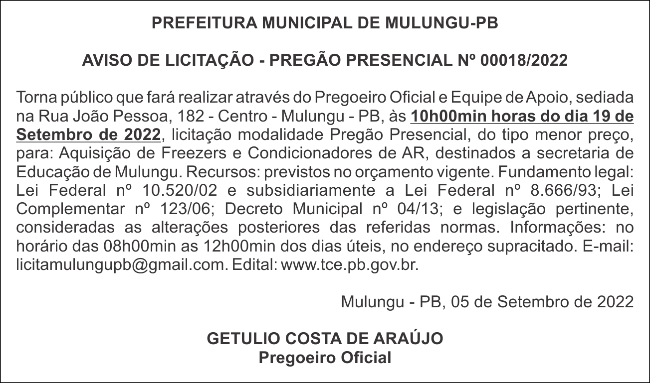 PREFEITURA MUNICIPAL DE MULUNGU-PB – AVISO DE LICITAÇÃO – PREGÃO PRESENCIAL Nº 00018/2022