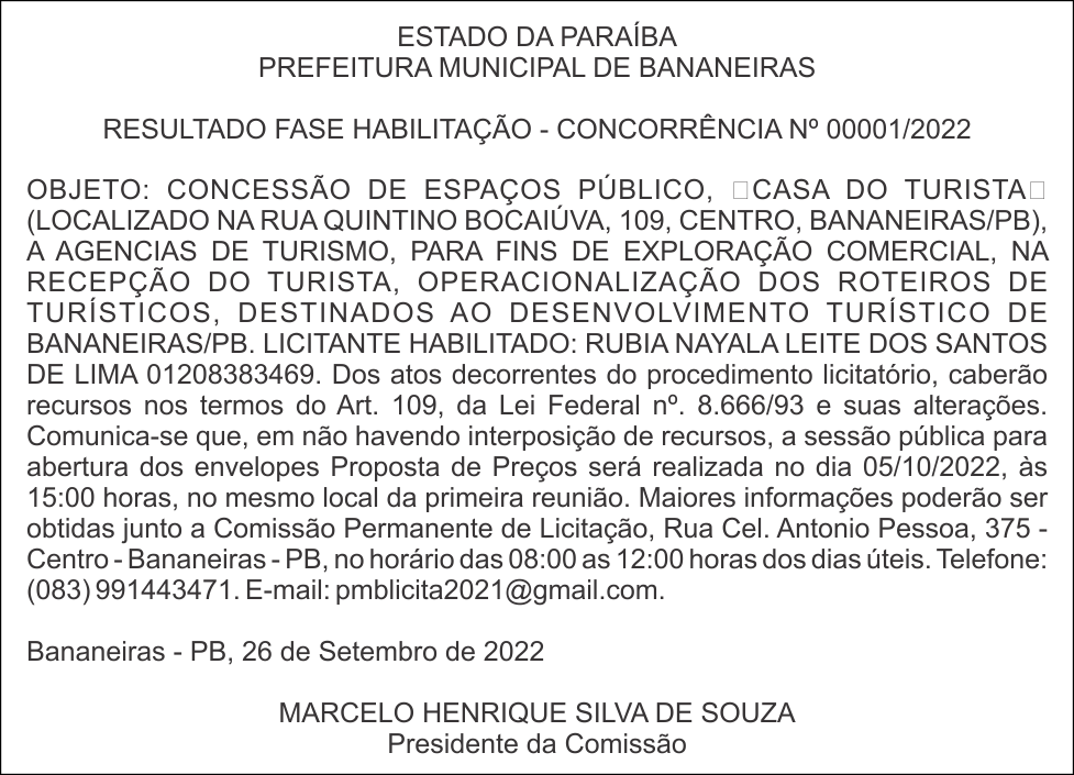 PREFEITURA MUNICIPAL DE BANANEIRAS – RESULTADO FASE HABILITAÇÃO – CONCORRÊNCIA Nº 00001/2022