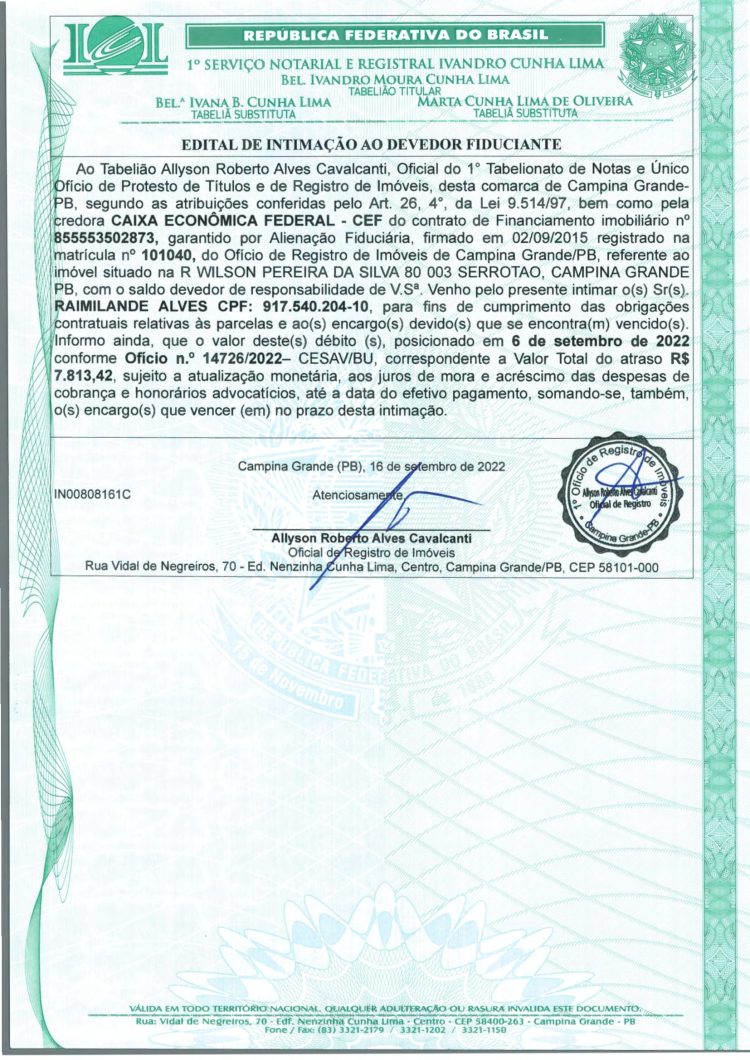 EDITAL DE INTIMAÇÃO AO DEVEDOR FIDUCIANTE