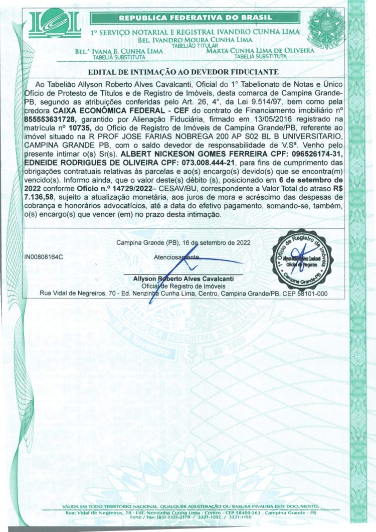 EDITAL DE INTIMAÇÃO AO DEVEDOR FIDUCIANTE