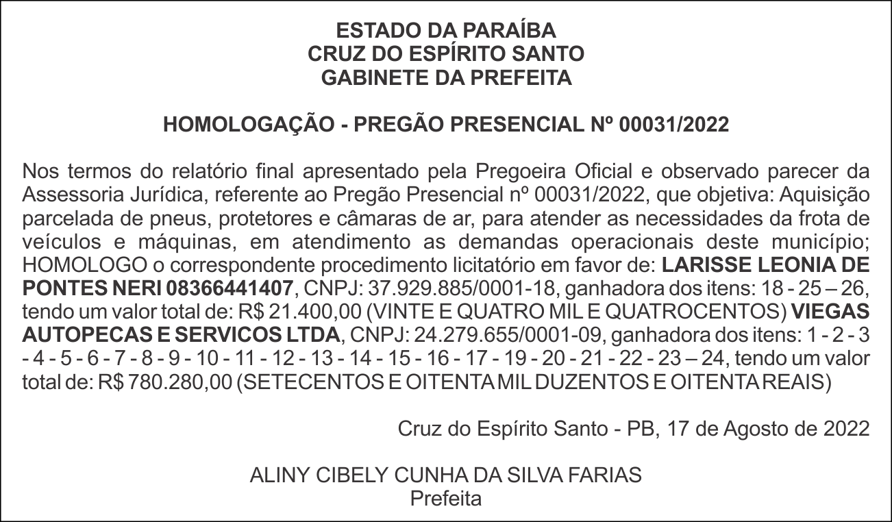 PREFEITURA MUNICIPAL DE CRUZ DO ESPÍRITO SANTO – HOMOLOGAÇÃO – PREGÃO PRESENCIAL Nº 00031/2022