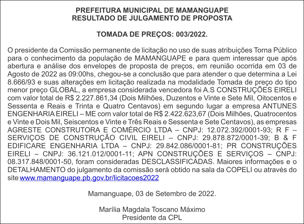 PREFEITURA MUNICIPAL DE MAMANGUAPE – RESULTADO DE JULGAMENTO DE PROPOSTA – TOMADA DE PREÇOS: 003/2022.
