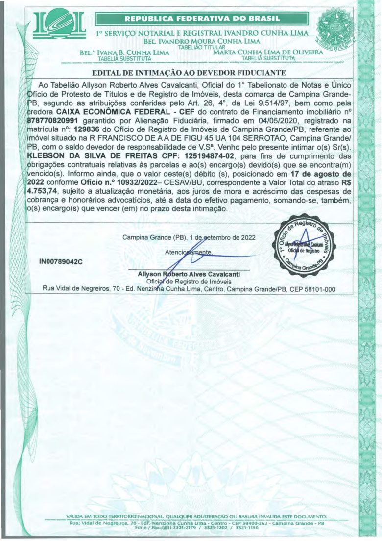 EDITAL DE INTIMAÇÃO AO DEVEDOR FIDUCIANTE