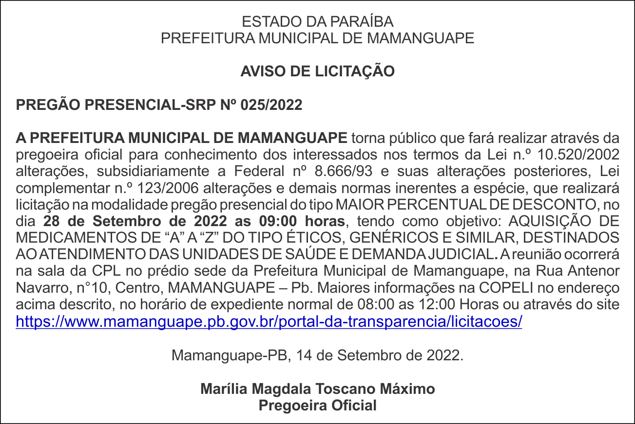 PREFEITURA MUNICIPAL DE MAMANGUAPE – AVISO DE LICITAÇÃO – PREGÃO PRESENCIAL-SRP Nº 025/2022