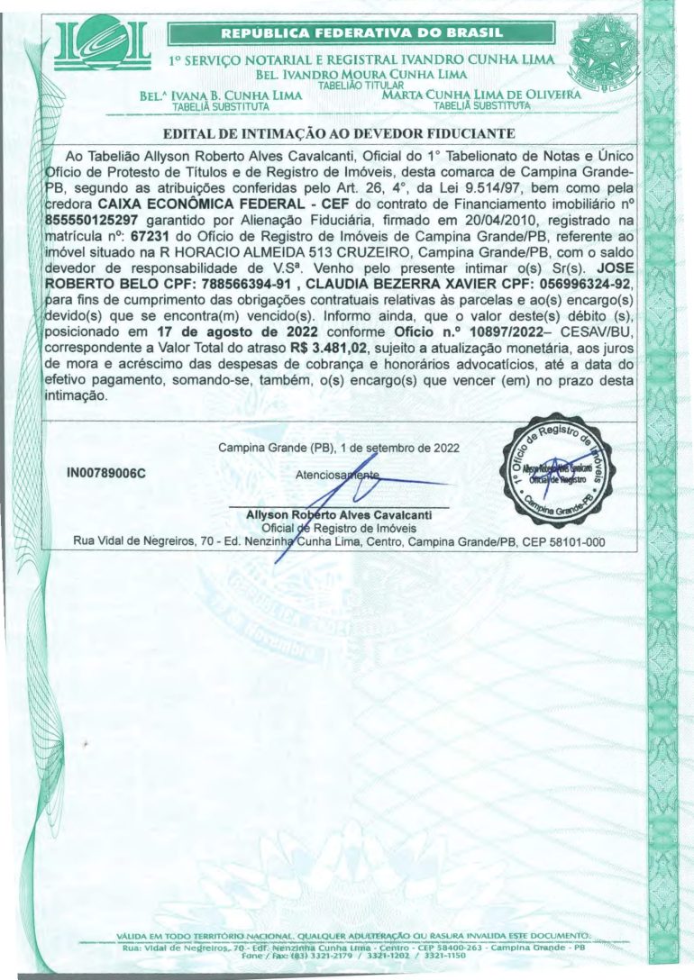 EDITAL DE INTIMAÇÃO AO DEVEDOR FIDUCIANTE