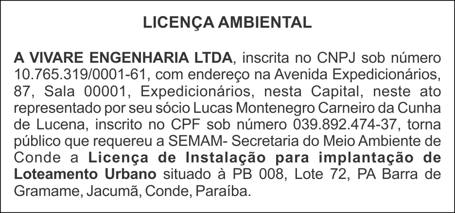 VIVARE ENGENHARIA LTDA – LICENÇA AMBIENTAL