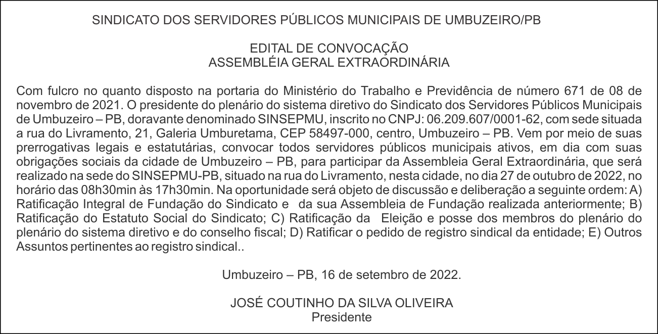 SINDICATO DOS SERVIDORES PÚBLICOS MUNICIPAIS DE UMBUZEIRO/PB  – EDITAL DE CONVOCAÇÃO – ASSEMBLEIA GERAL EXTRAORDINÁRIA