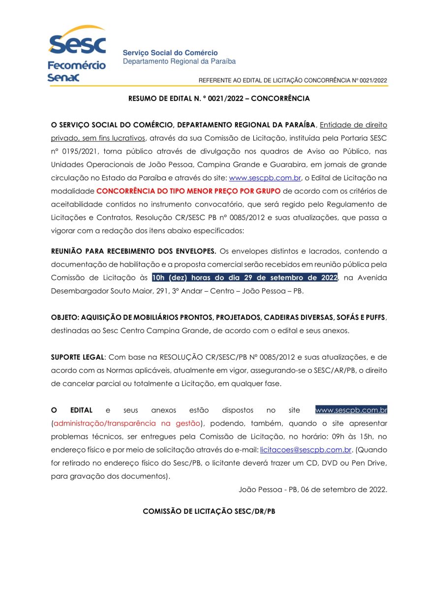 SESC – RESUMO DE EDITAL N. º 0021/2022 – CONCORRÊNCIA