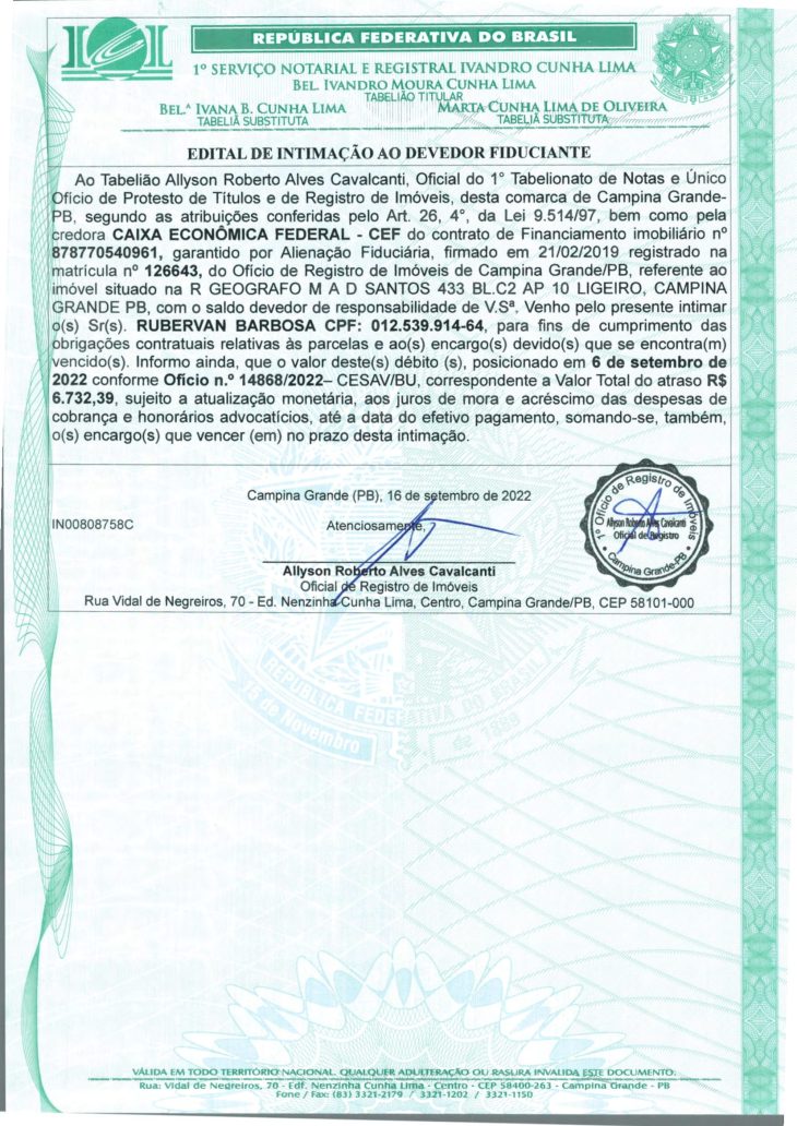 EDITAL DE INTIMAÇÃO AO DEVEDOR FIDUCIANTE
