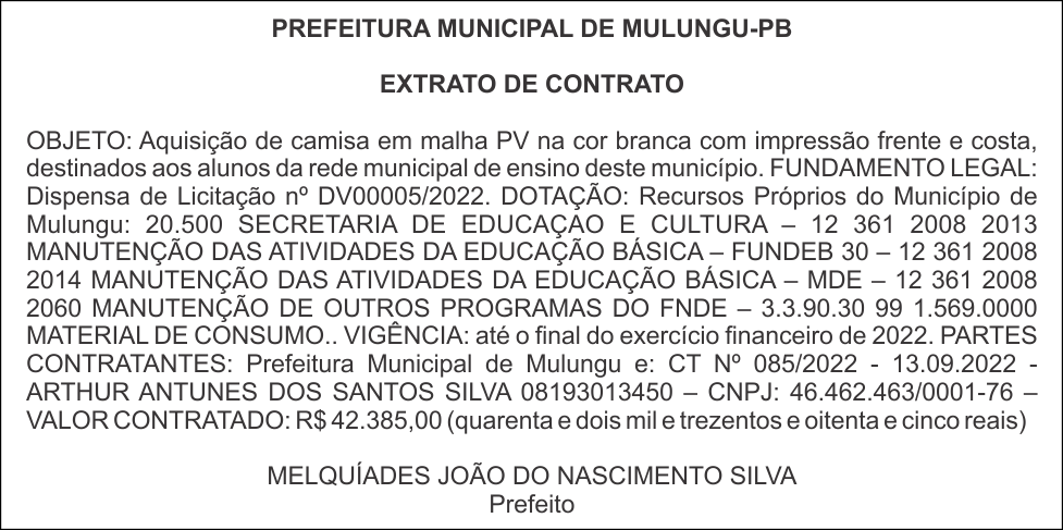 PREFEITURA MUNICIPAL DE MULUNGU-PB – EXTRATO DE CONTRATO