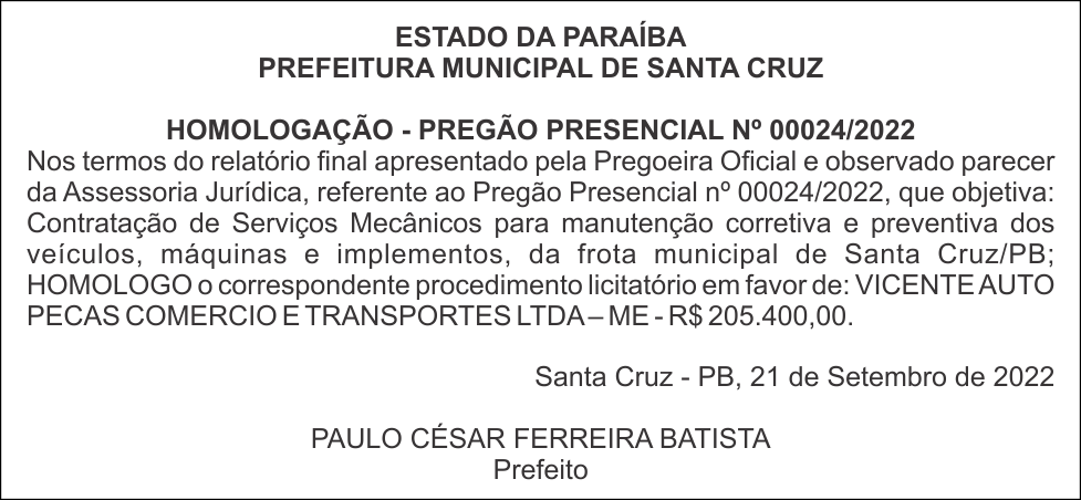 PREFEITURA MUNICIPAL DE SANTA CRUZ – HOMOLOGAÇÃO – PREGÃO PRESENCIAL Nº 00024/2022