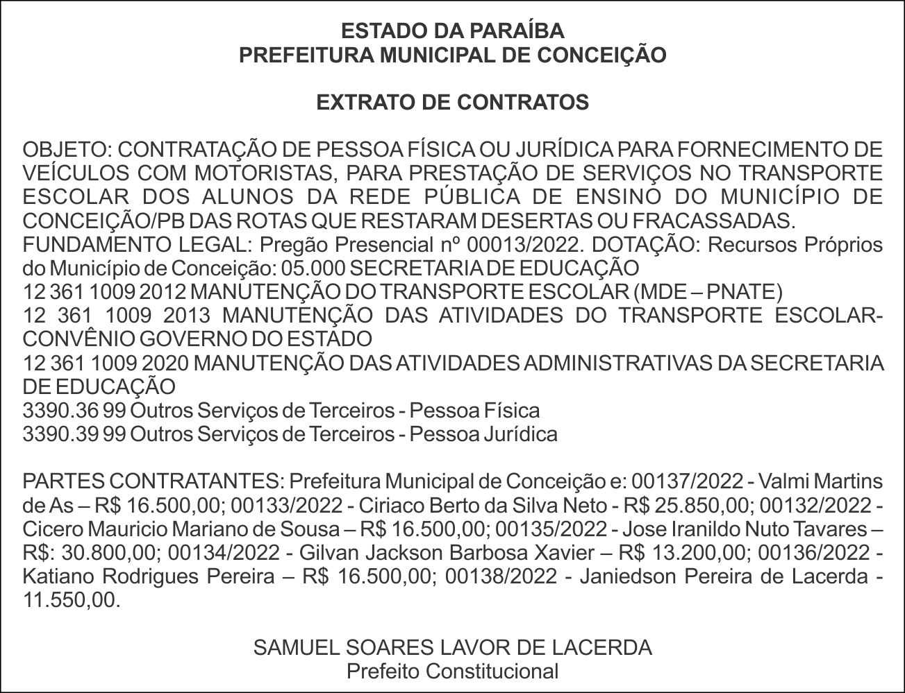 PREFEITURA MUNICIPAL DE CONCEIÇÃO – EXTRATO DE CONTRATOS