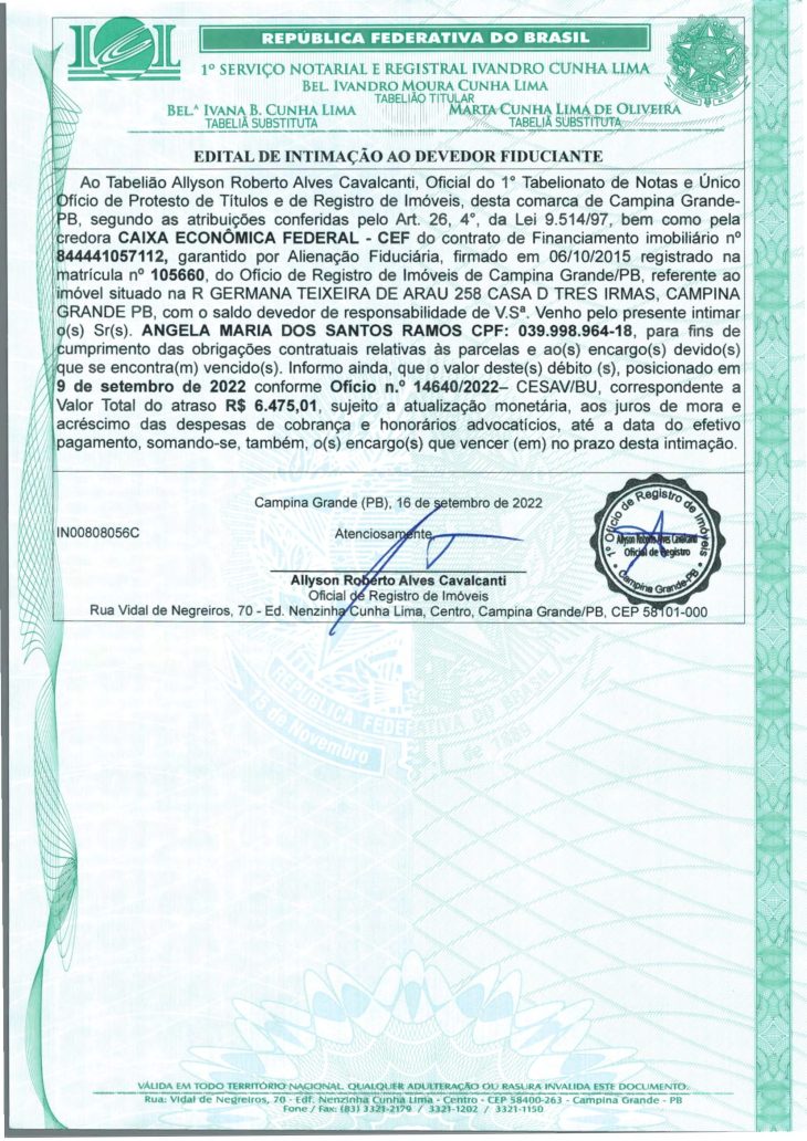EDITAL DE INTIMAÇÃO AO DEVEDOR FIDUCIANTE