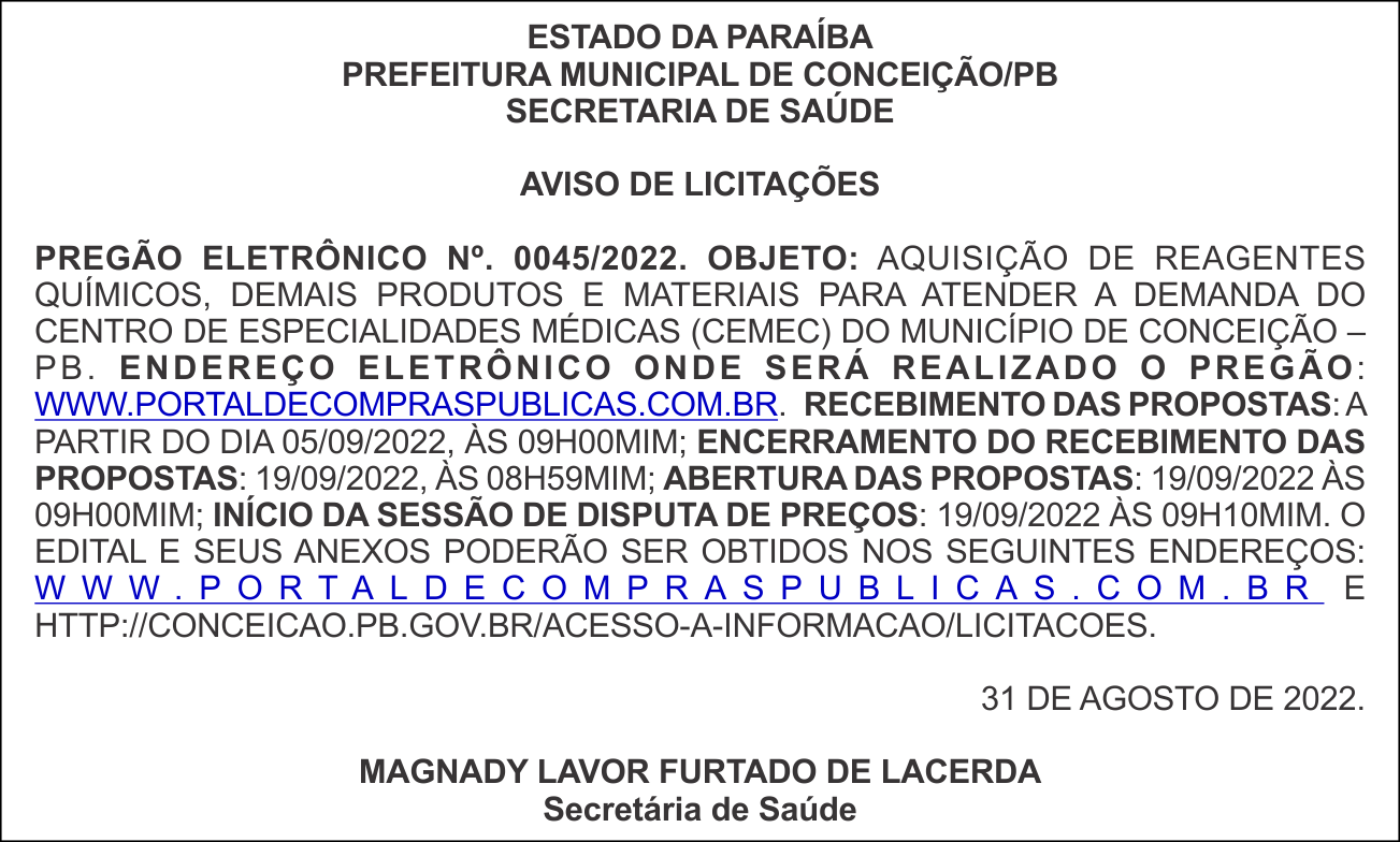 PREFEITURA MUNICIPAL DE CONCEIÇÃO/PB  – AVISO DE LICITAÇÕES – PREGÃO ELETRÔNICO N°. 0045/2022.