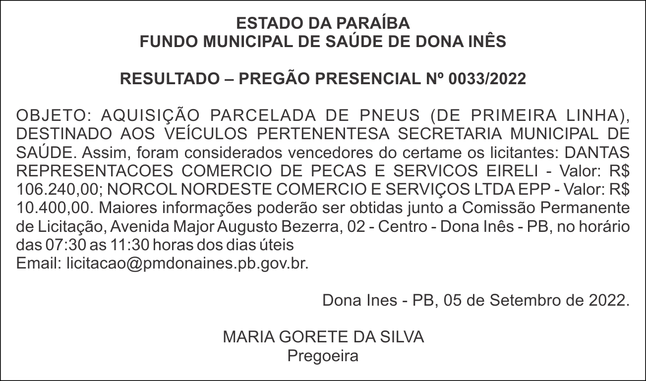 FUNDO MUNICIPAL DE SAÚDE DE DONA INÊS – RESULTADO – PREGÃO PRESENCIAL Nº 0033/2022