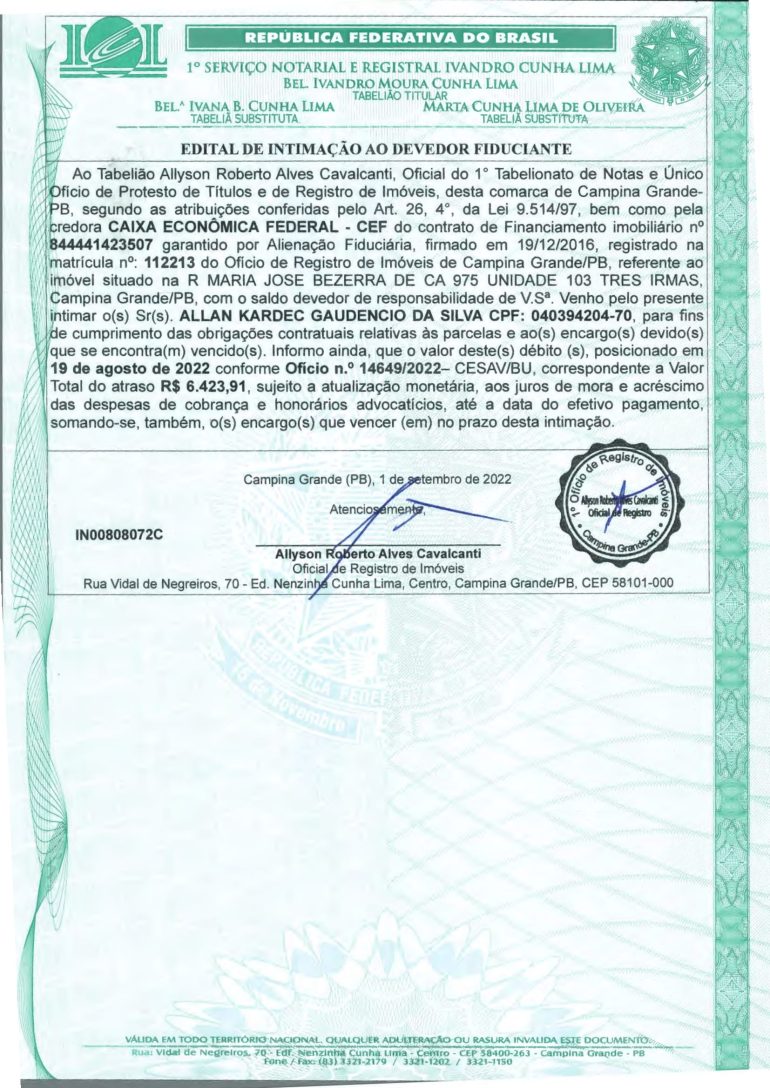 EDITAL DE INTIMAÇÃO AO DEVEDOR FIDUCIANTE