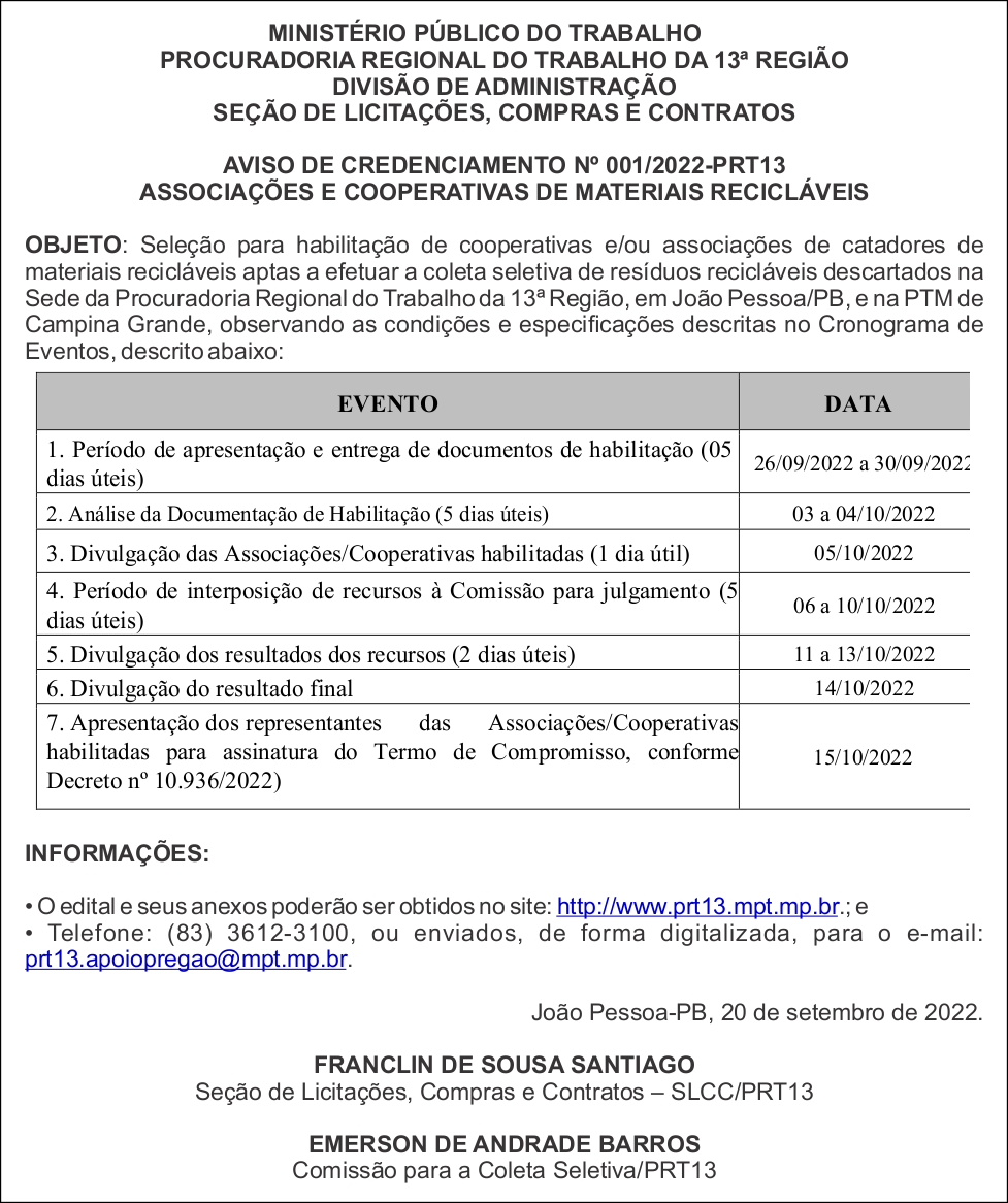 MPT – AVISO DE CREDENCIAMENTO Nº 001/2022-PRT13 ASSOCIAÇÕES E COOPERATIVAS DE MATERIAIS RECICLÁVEIS