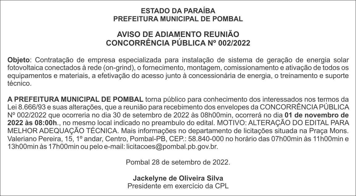 PREFEITURA MUNICIPAL DE POMBAL – AVISO DE ADIAMENTO REUNIÃO – CONCORRÊNCIA PÚBLICA Nº 002/2022