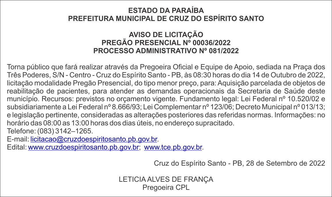 PREFEITURA MUNICIPAL DE CRUZ DO ESPÍRITO SANTO – AVISO DE LICITAÇÃO – PREGÃO PRESENCIAL Nº 00036/2022