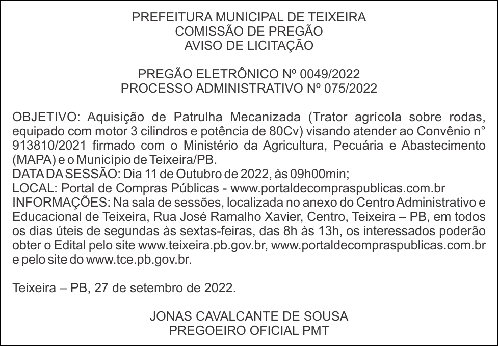 PREFEITURA MUNICIPAL DE TEIXEIRA – AVISO DE LICITAÇÃO – PREGÃO ELETRÔNICO Nº 0049/2022