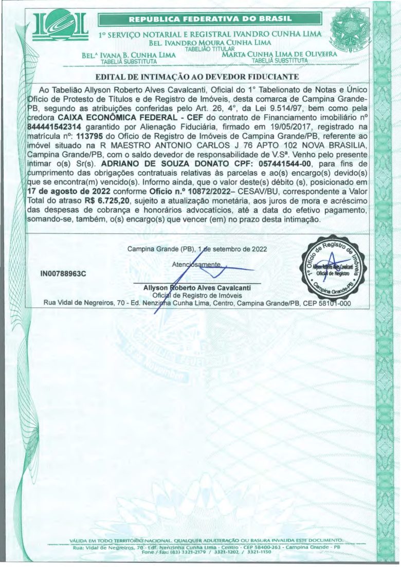 EDITAL DE INTIMAÇÃO AO DEVEDOR FIDUCIANTE