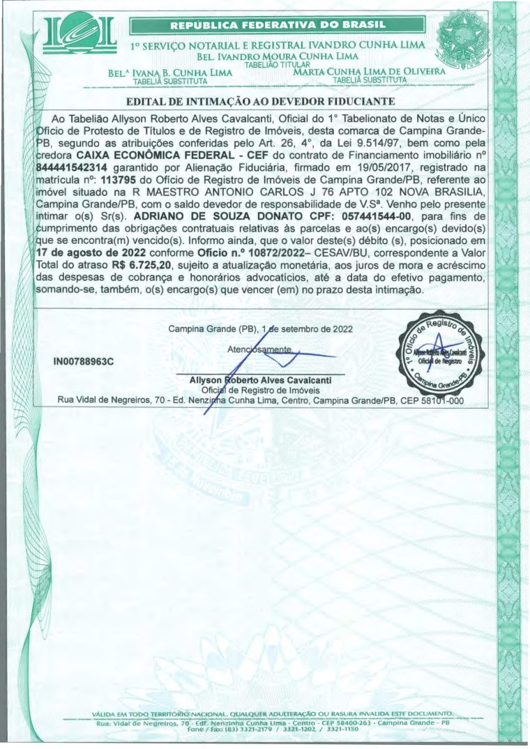 EDITAL DE INTIMAÇÃO AO DEVEDOR FIDUCIANTE