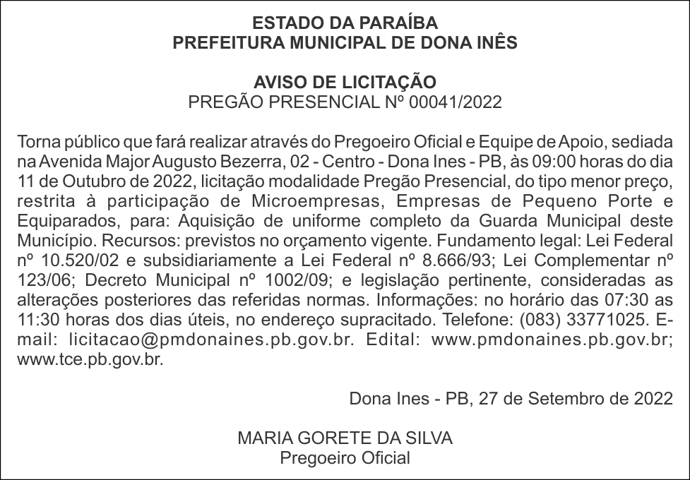 PREFEITURA MUNICIPAL DE DONA INÊS – AVISO DE LICITAÇÃO – PREGÃO PRESENCIAL Nº 00041/2022