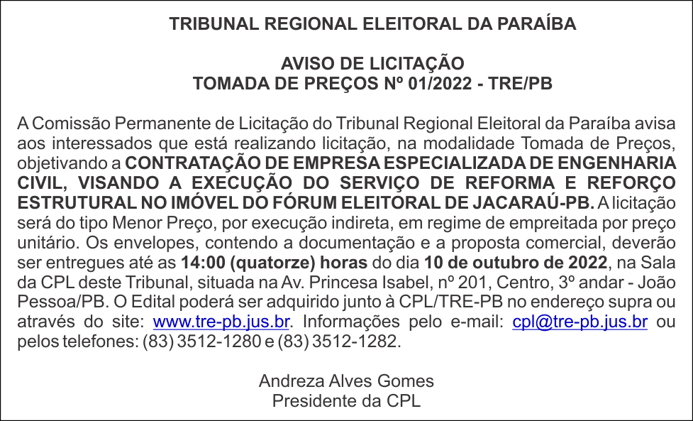 TRE/PB – AVISO DE LICITAÇÃO TOMADA DE PREÇOS Nº 01/2022