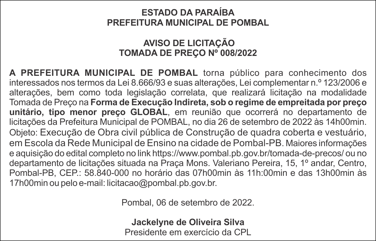 PREFEITURA MUNICIPAL DE POMBAL – AVISO DE LICITAÇÃO – TOMADA DE PREÇO Nº 008/2022
